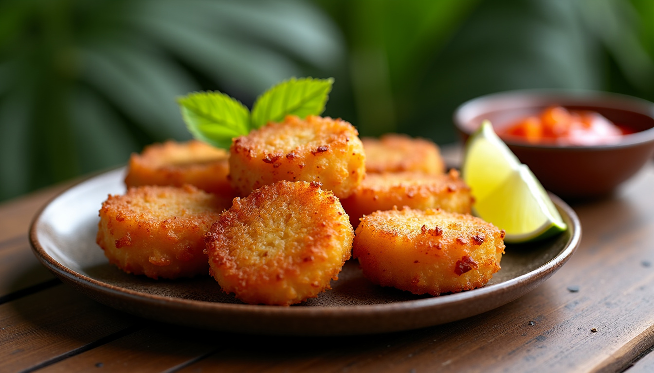 Accras de morue bien dorés servis sur une assiette avec quartier de citron vert et sauce chien dans un petit bol