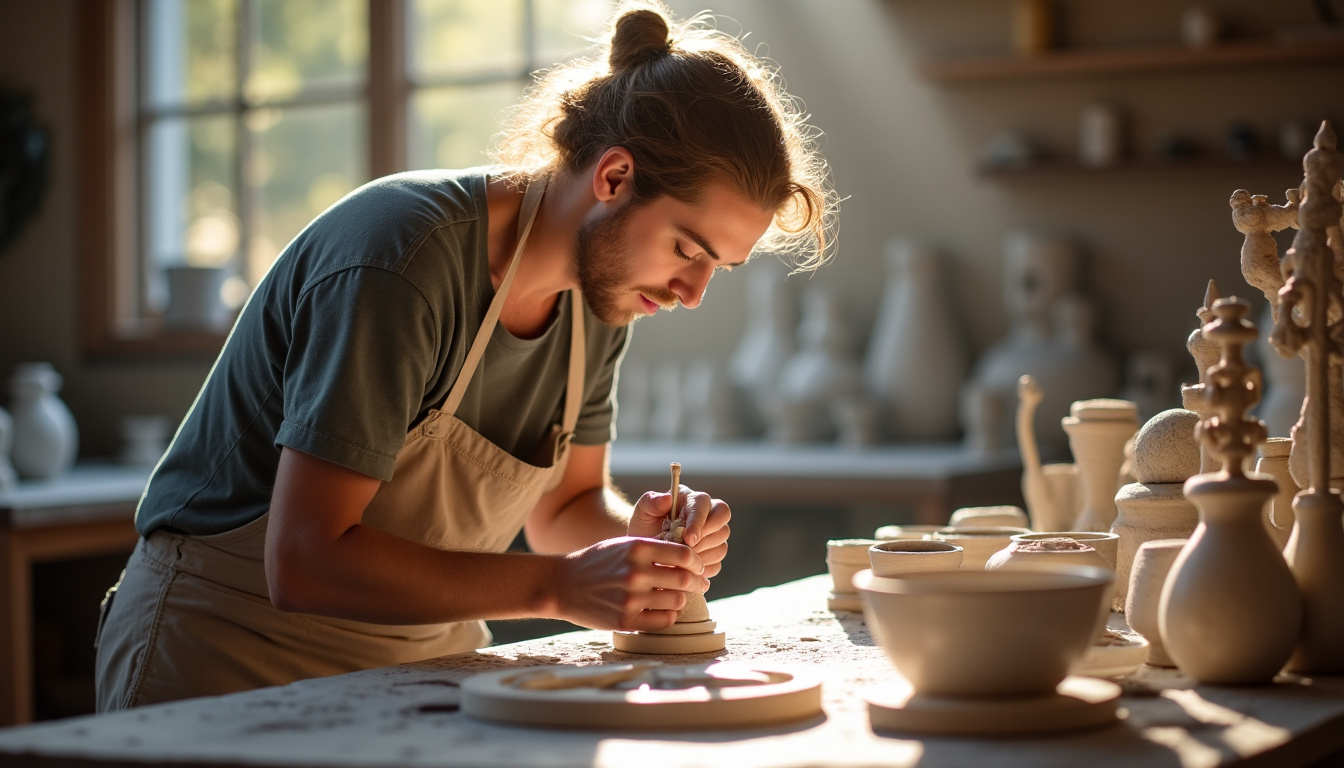 Artisan en train de modeler une pièce de céramique à la main dans son atelier de Saint-Barth, fond de pierres locales et outils traditionnels, lumière naturelle du matin