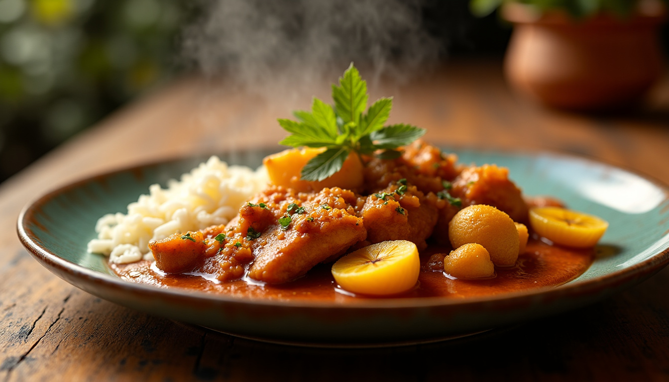 Assiette de chatrou mijoté servi avec riz blanc, banane plantain et dombrés