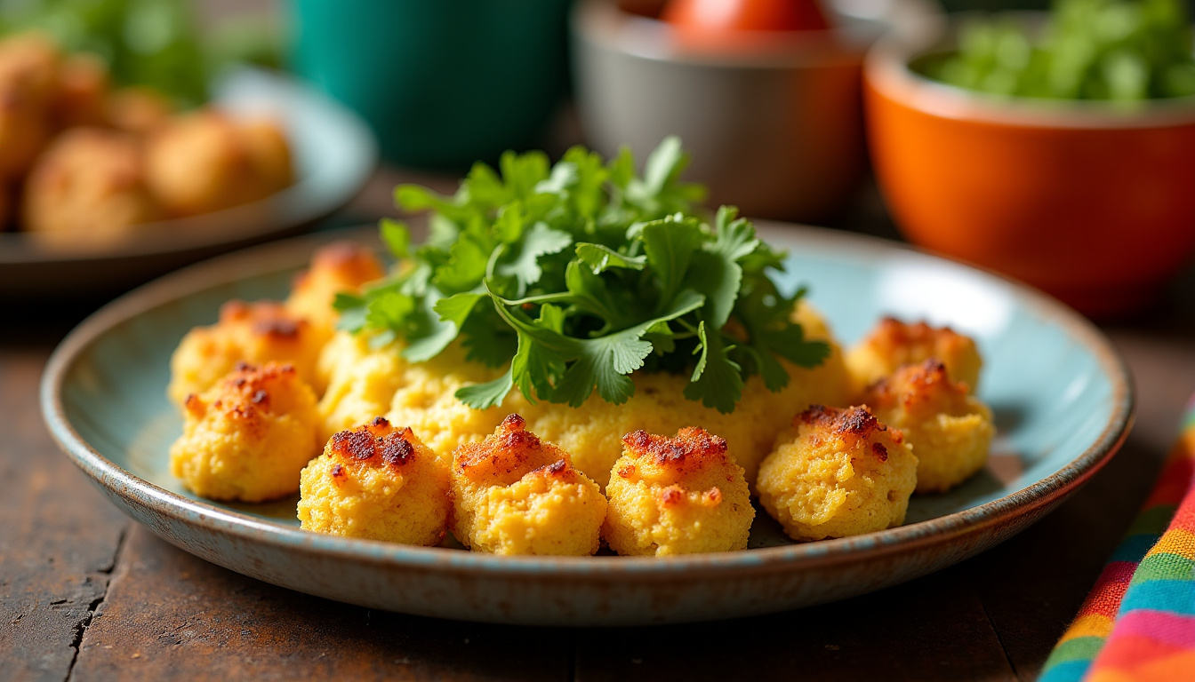 Assiette de féroce d’avocat servi avec des toasts, des accras de morue et une salade verte sur une table en bois décorée de manière antillaise