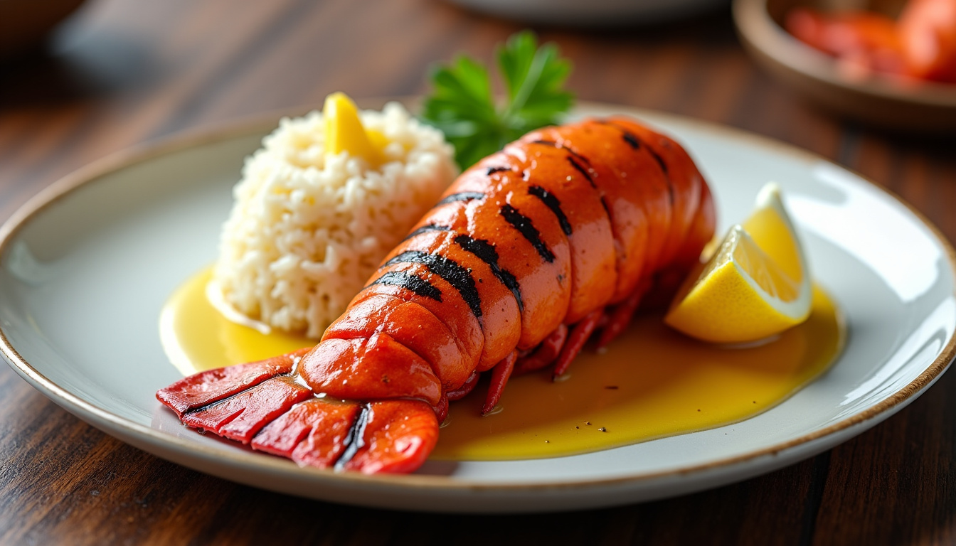 Assiette de langouste grillée servie avec du riz et du citron