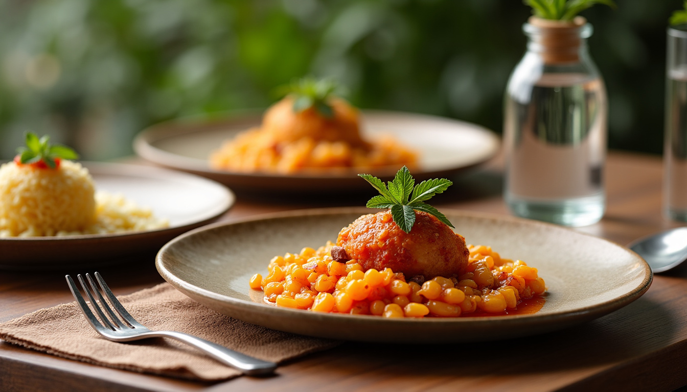 Assiette de plats créoles traditionnels présentés sur une table en bois, incluant du colombo de poulet, des accras de morue et du riz blanc
