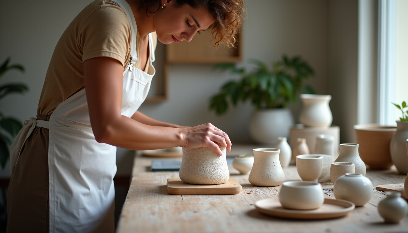 Atelier d’artisanat local à Nouméa avec des pièces en céramique exposées