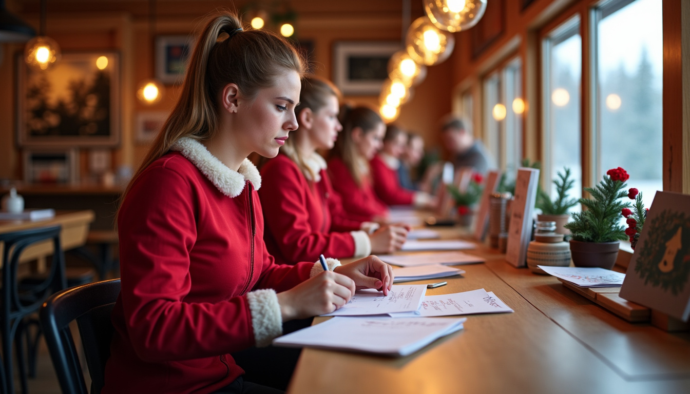 Bureau de poste du Père Noël à Rovaniemi, avec des employés en uniformes rouges triant des lettres, des timbres spéciaux et des boîtes de courrier estampillées du Cercle Polaire Arctique