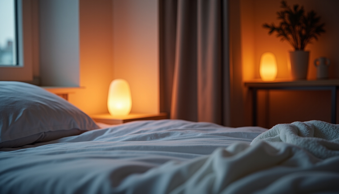 Chambre Dreamy Home avec lit parfaitement fait, rideaux fermés, lumière tamisée et bougie parfumée allumée, prête pour une nuit de sommeil réparateur