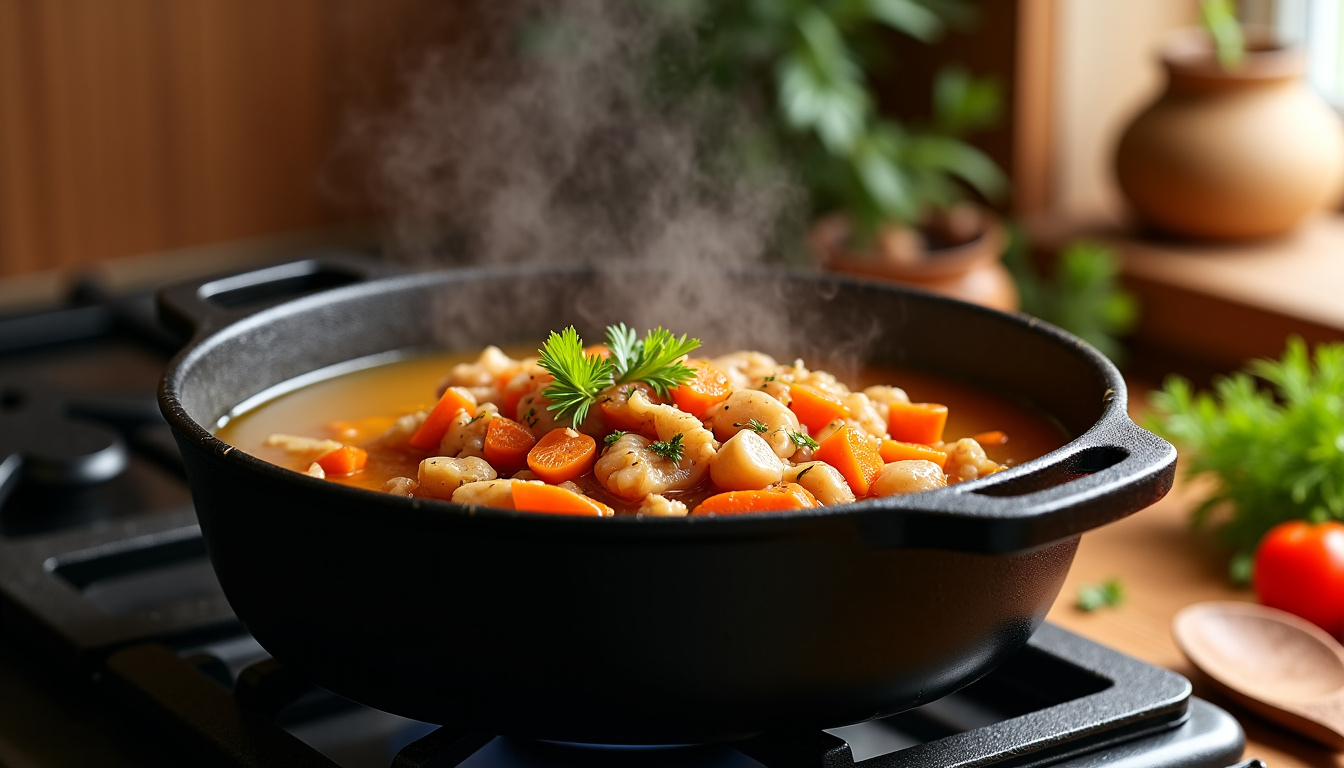 Chatrou mijotant lentement dans une cocotte avec des légumes et des épices
