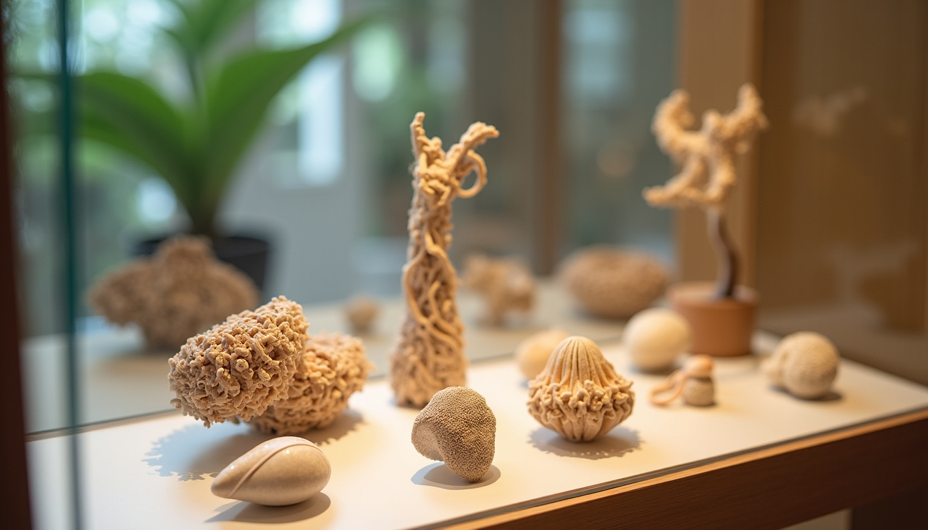 Collection de bijoux artisanaux en matériaux naturels présentés dans une vitrine de la boutique Coccoloba