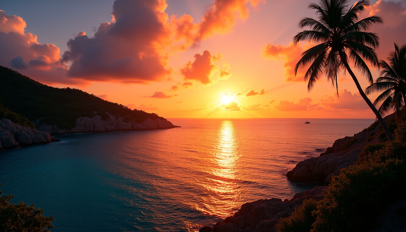 Coucher de soleil spectaculaire vu depuis Pointe Milou, ciel orangé et violet