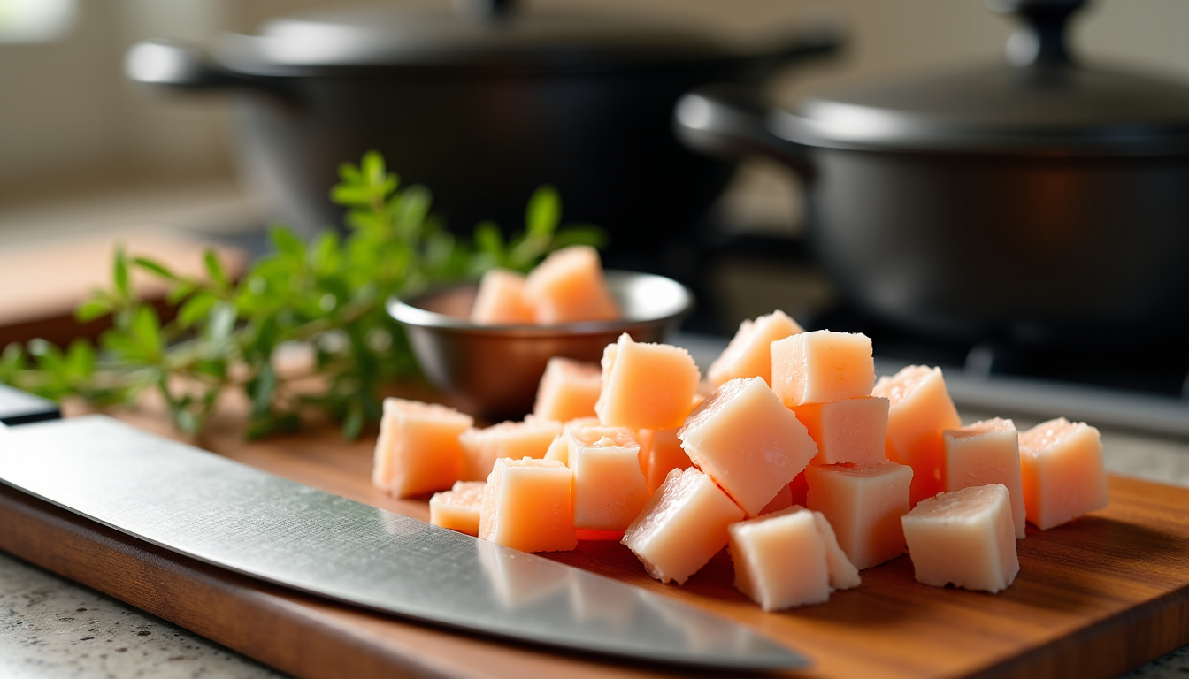Découpage de morceaux de lambi en dés réguliers avant cuisson dans une cocotte en fonte