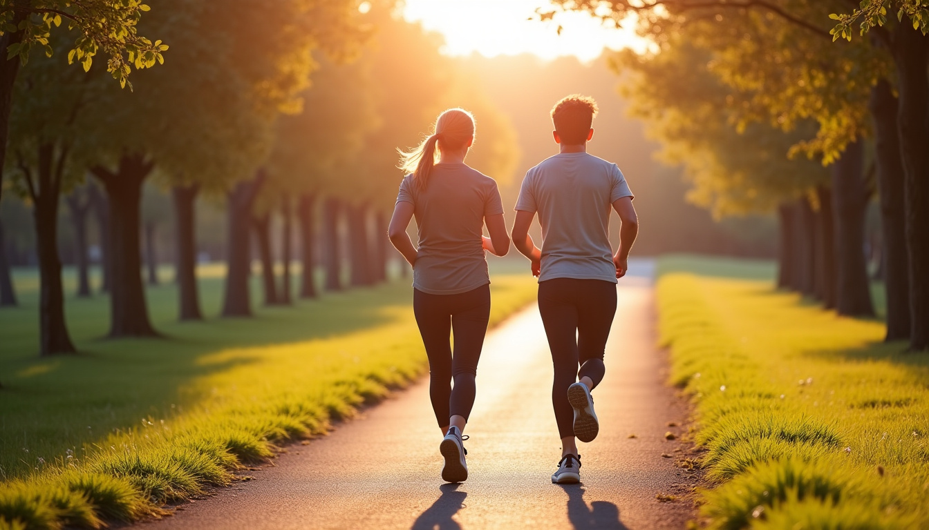 Deux personnes courant ensemble dans un parc ensoleillé