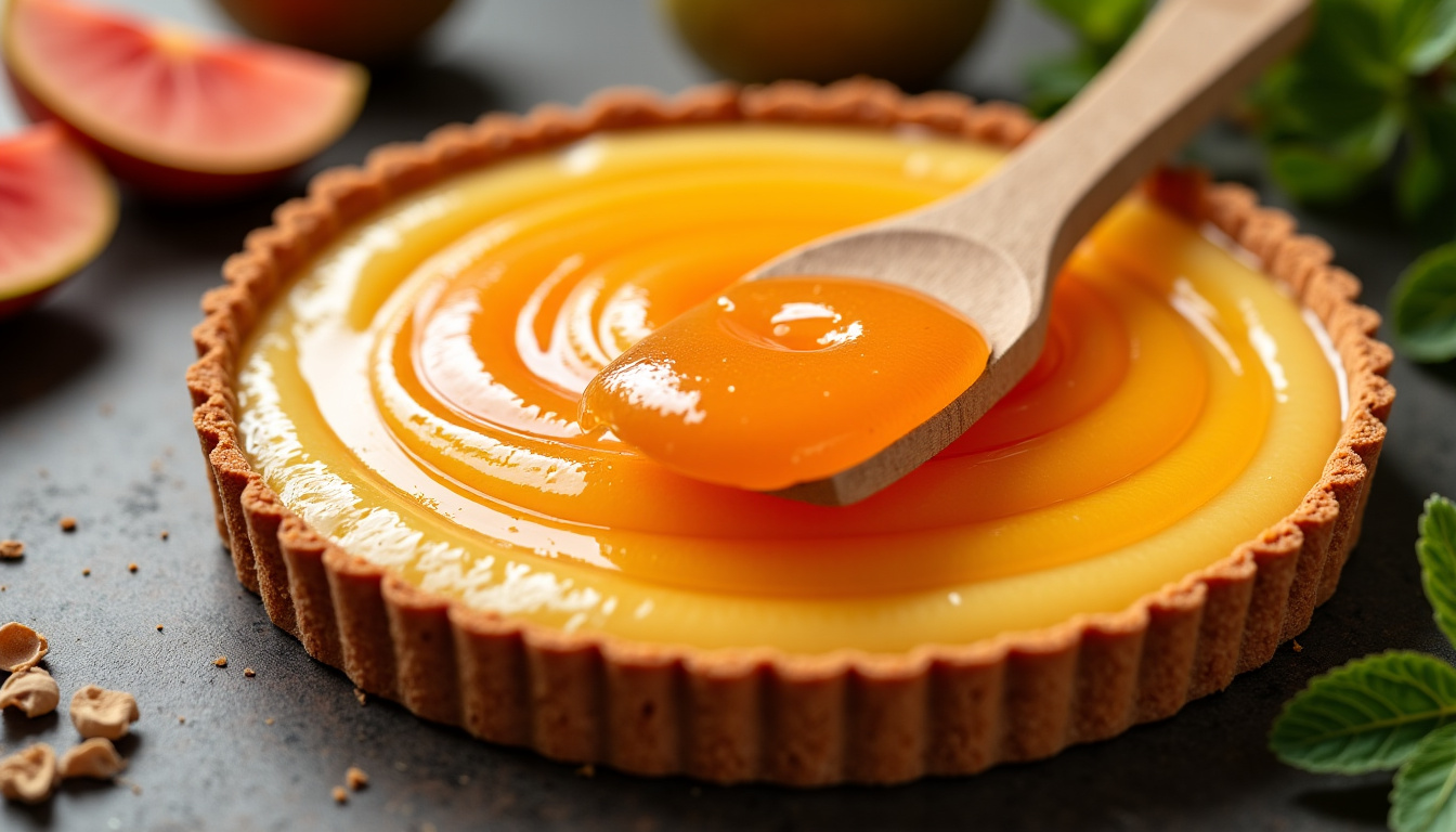 Étape de montage montrant la confiture de goyave étalée sur le fond de tarte