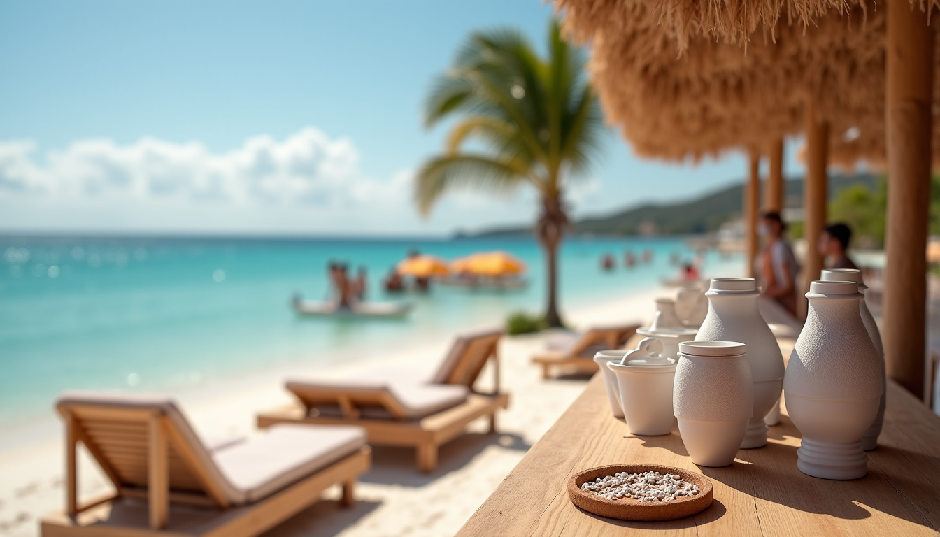 Exposition de maillots de bain Coccoloba Swimwear sur un présentoir en bois naturel avec fond de plage en arrière-plan