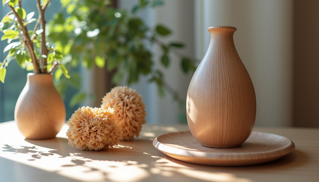 Exposition des créations COCCOLOBA dans une galerie de Saint-Barth, présentant des objets en bois, céramique et textiles inspirés de la nature