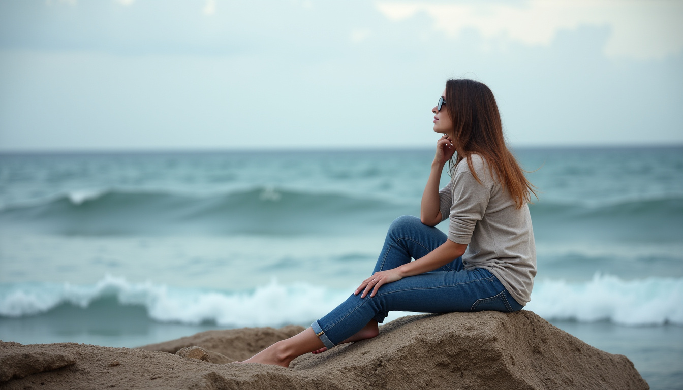 Flavie Labbé en pleine réflexion, assise sur un rocher face à l’océan, entourée de croquis et d’échantillons naturels