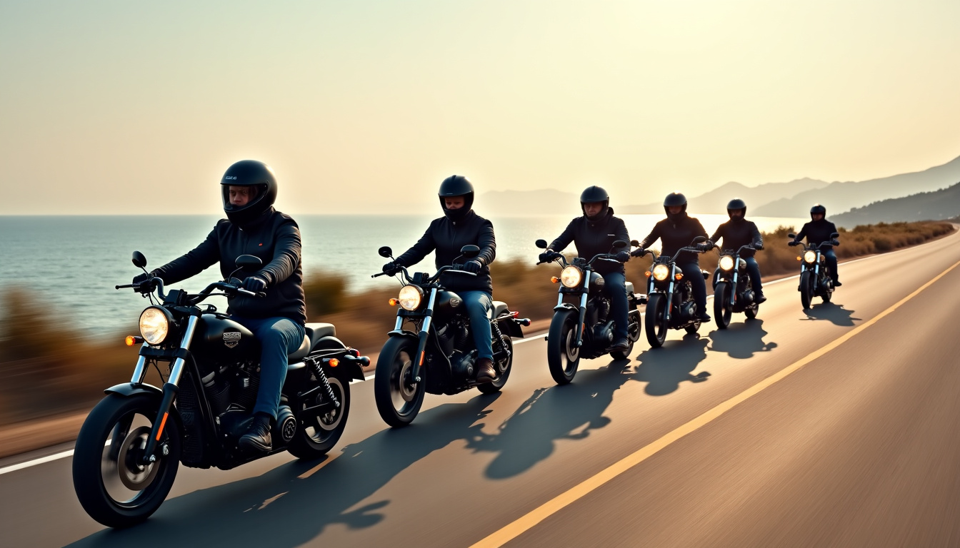 Gamme complète des motos Harley-Davidson alignées sur une route côtière