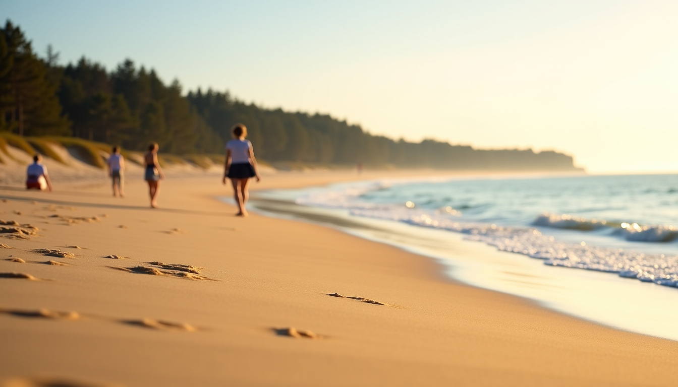 Grande plage de Saint-Jean-de-Monts en Vendée, avec sable fin et forêt de pins en arrière-plan