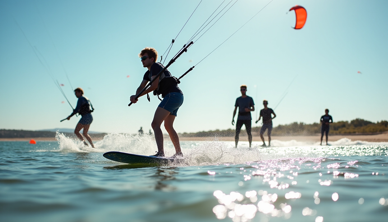 Groupe de jeunes en colonie de vacances pratiquant le kitesurf sous la supervision d’un moniteur à Biscarrosse