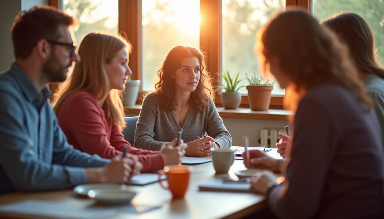 Groupe de participants en atelier de communication émotionnelle, assis en cercle, échangeant avec bienveillance