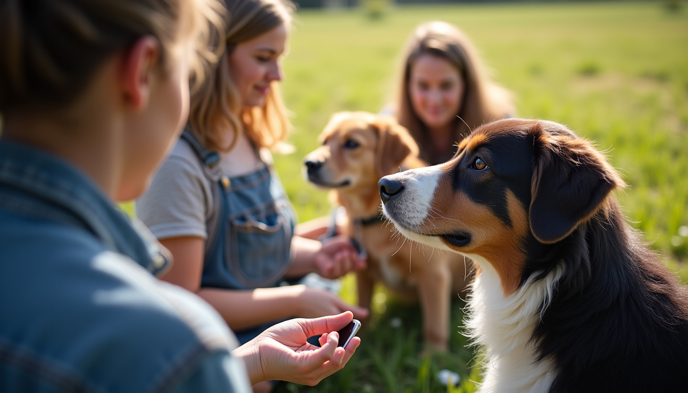 Groupe de personnes en formation à la communication animale, assises en cercle avec des animaux