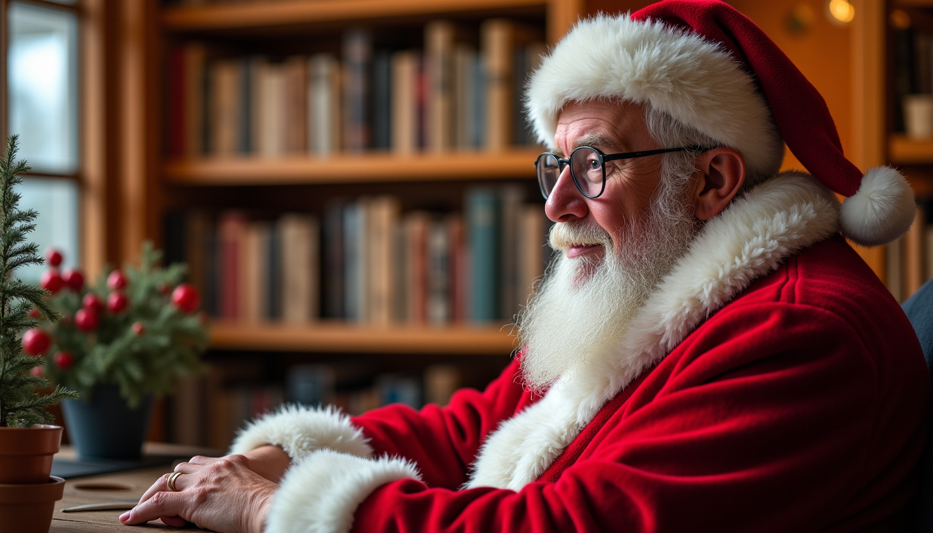 Intérieur du bureau du Père Noël au Santa Claus Village à Rovaniemi, avec un homme âgé en vêtement en laine de renne, assis près d