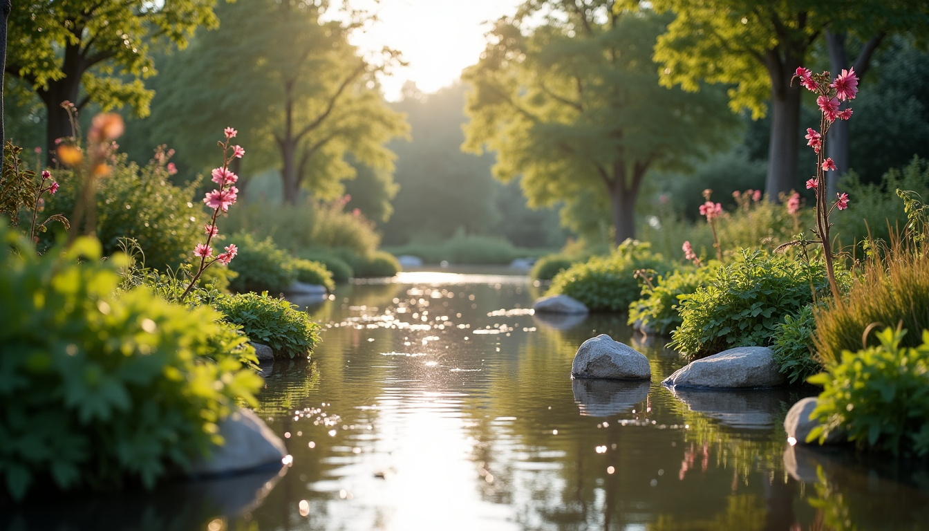 Jardin harmonieux conçu selon les principes du Feng Shui avec courbes douces, eau stagnante et plantes variées