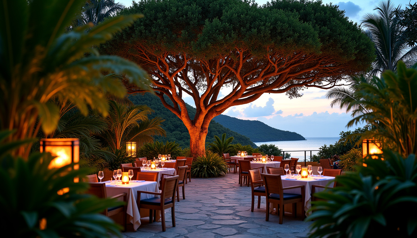 Jardin tropical du restaurant Le Tamarin à Saint-Barth avec tables sous les palmiers, éclairage tamisé et tamarinier central