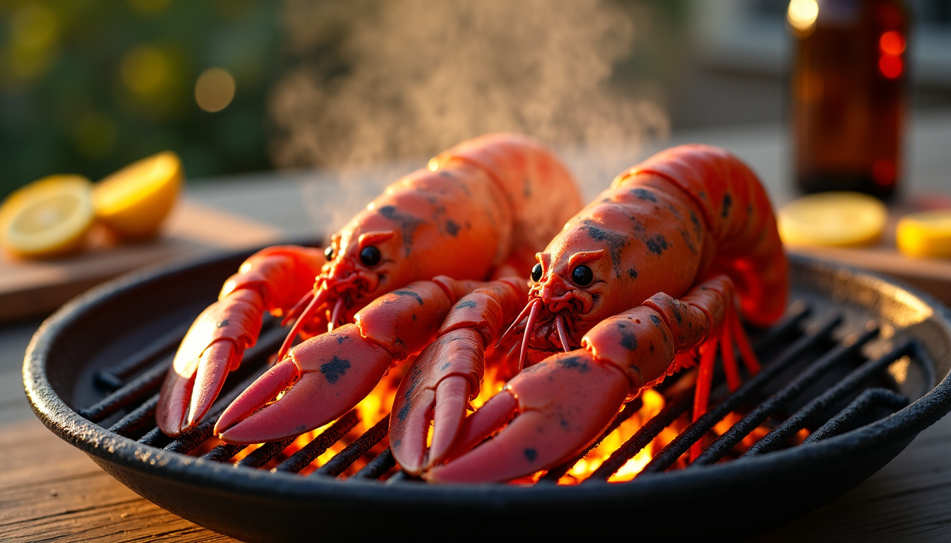 Langoustes grillées sur un barbecue avec des flammes légères