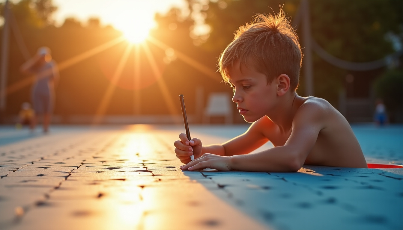 Lorenzo Mayer lors de sa routine matinale, étirement sur un tapis, lumière douce du lever du soleil