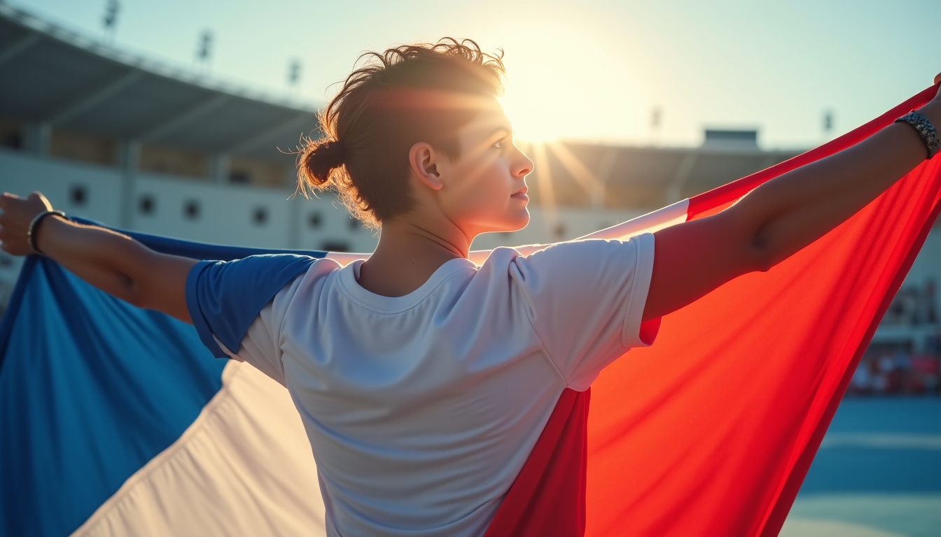 Lorenzo Mayer tenant un drapeau tricolore, regard tourné vers un stade olympique imaginaire, ambiance inspirante