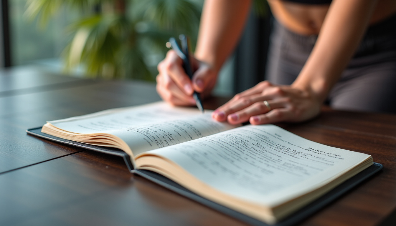 Main tenant un carnet de suivi avec des notes et des illustrations de séances de sport