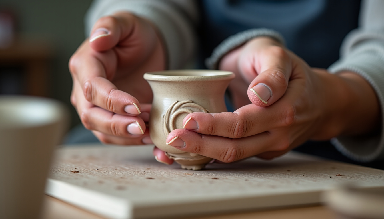 Mains d’un artisan tenant une pièce en céramique, mettant en valeur le travail manuel
