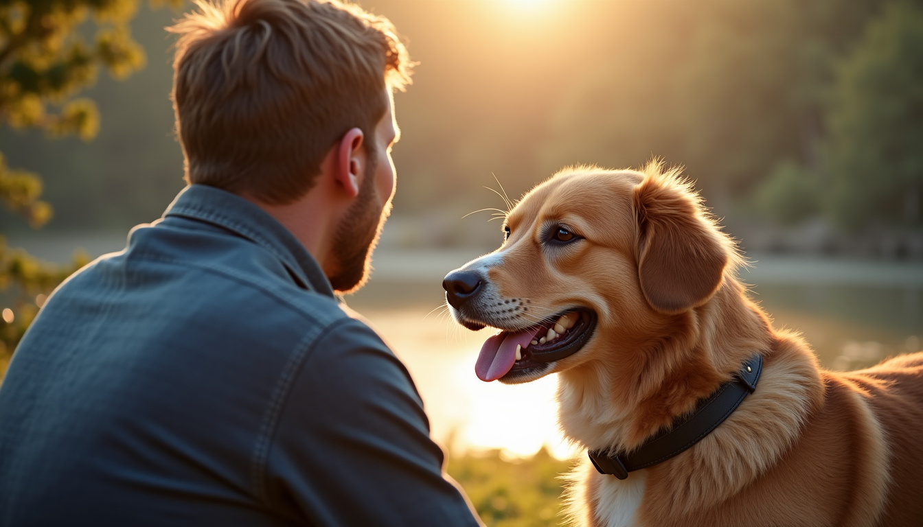 Maître discutant avec un communicateur animalier pendant que son chien l