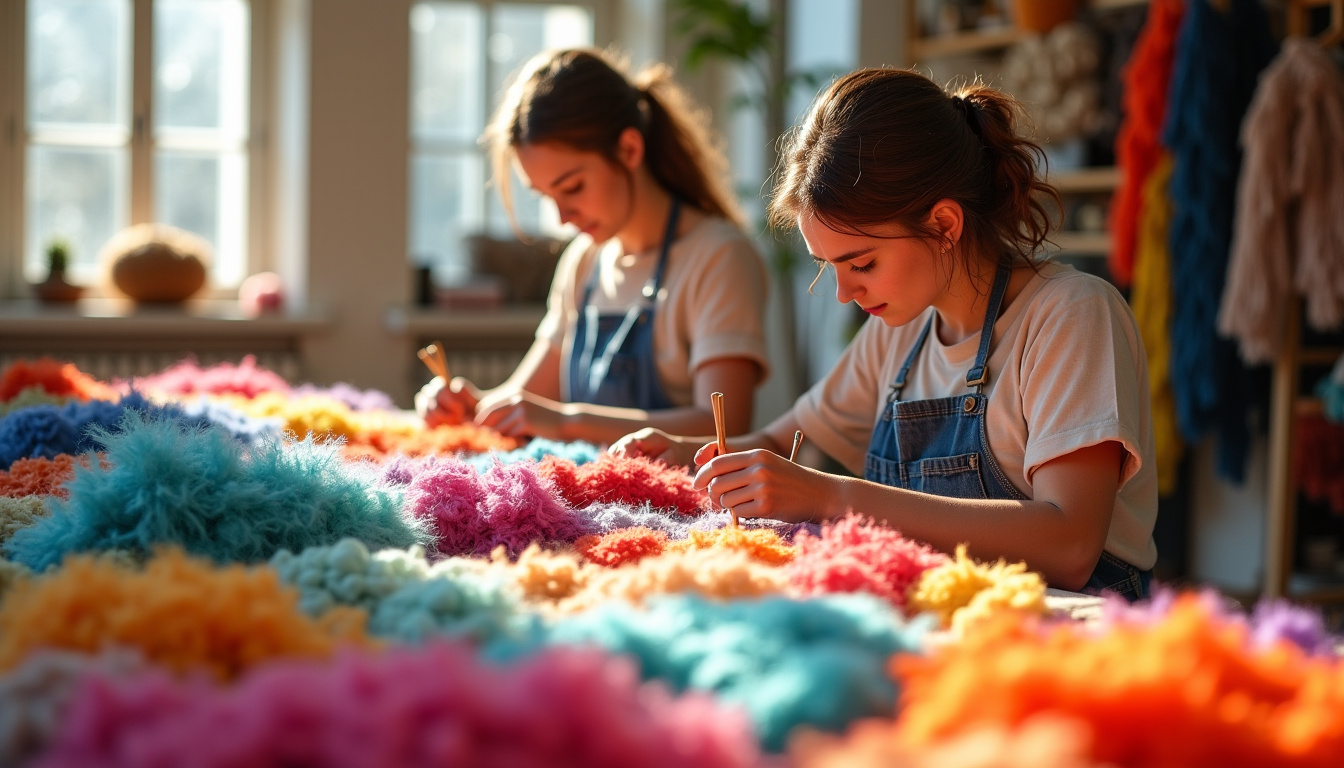 Manon Gréaux et Mikaël Chateauraynaud en pleine création dans leur atelier Tuft Island, entourés de fils de laine colorés et de cadres tendus