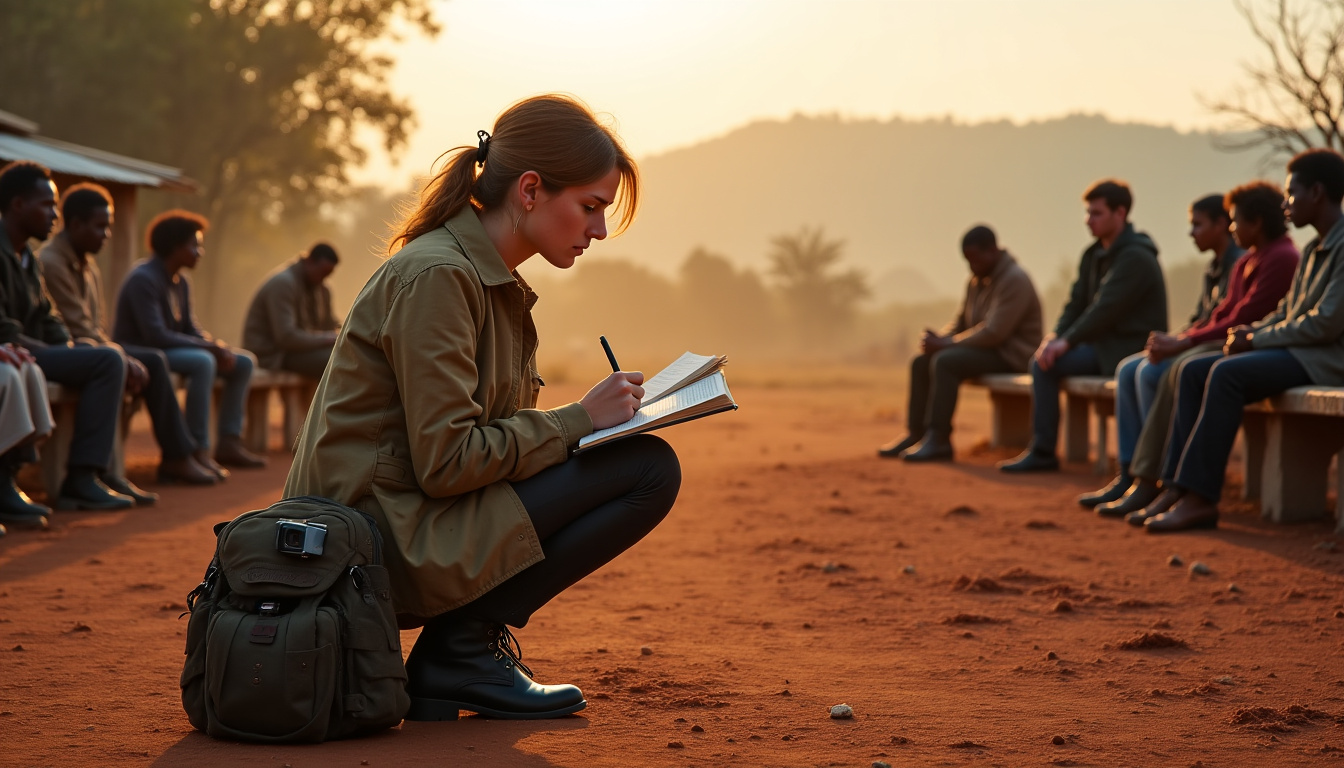 Marie-Claude Dubin en reportage au Rwanda, prenant des notes parmi des témoins d’un conflit, entourée de paysages marqués par la guerre
