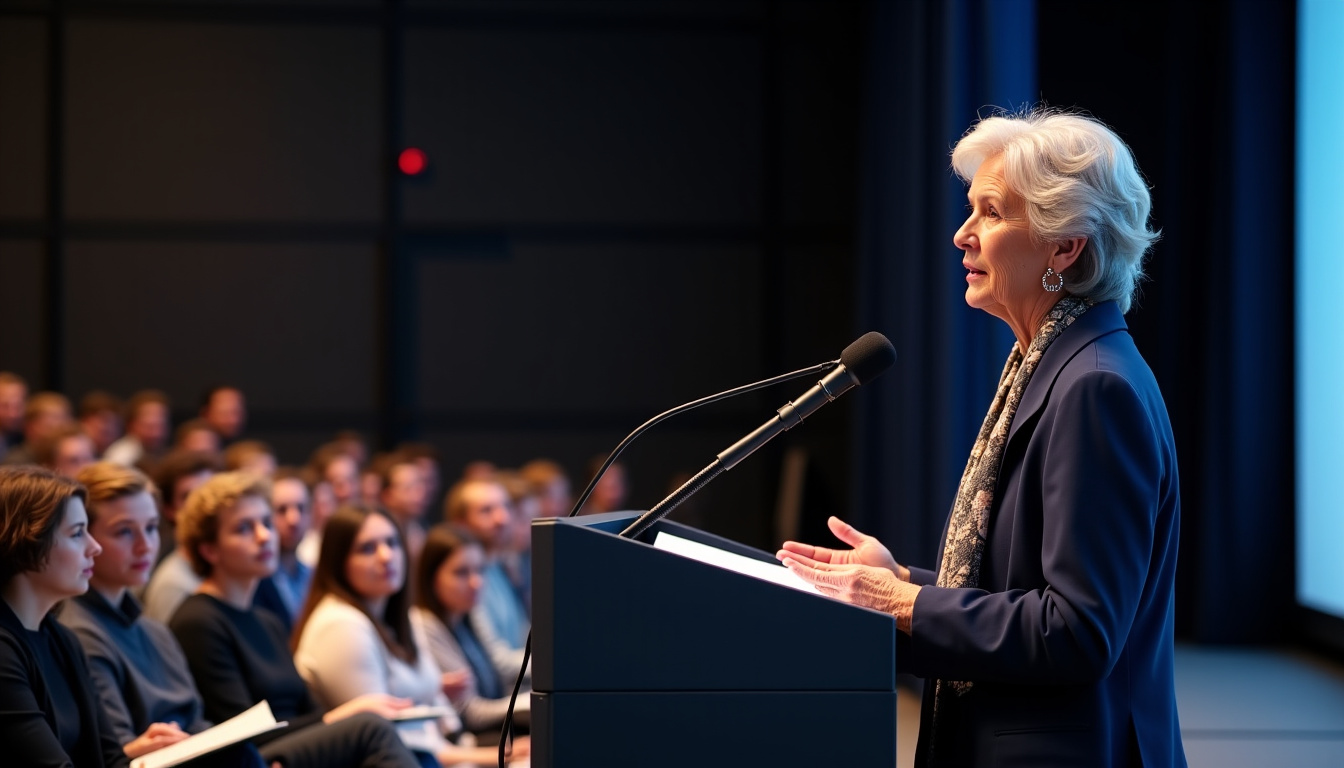Marie-Claude Dubin lors d’une conférence sur le journalisme, au micro, entourée de jeunes journalistes,