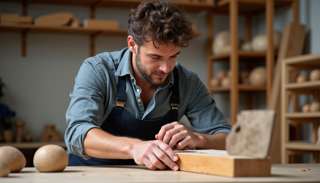 Mathieu Rouzeyre en train de travailler le bois dans son atelier Coccoloba, concentré sur un assemblage à la main