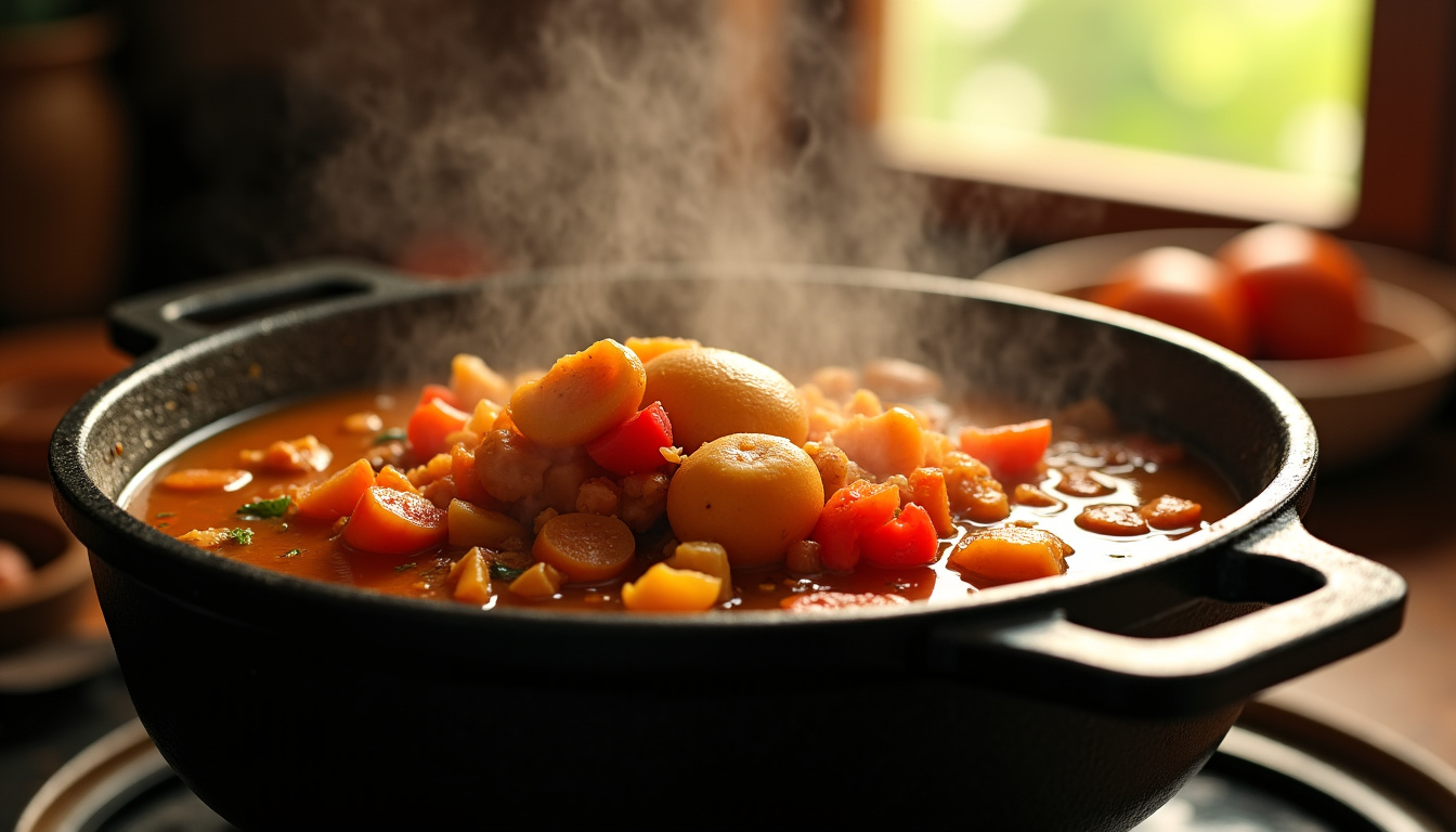 Mijotage du ragoût de lambi aux épices créoles dans une cocotte, avec des légumes et du bouillon