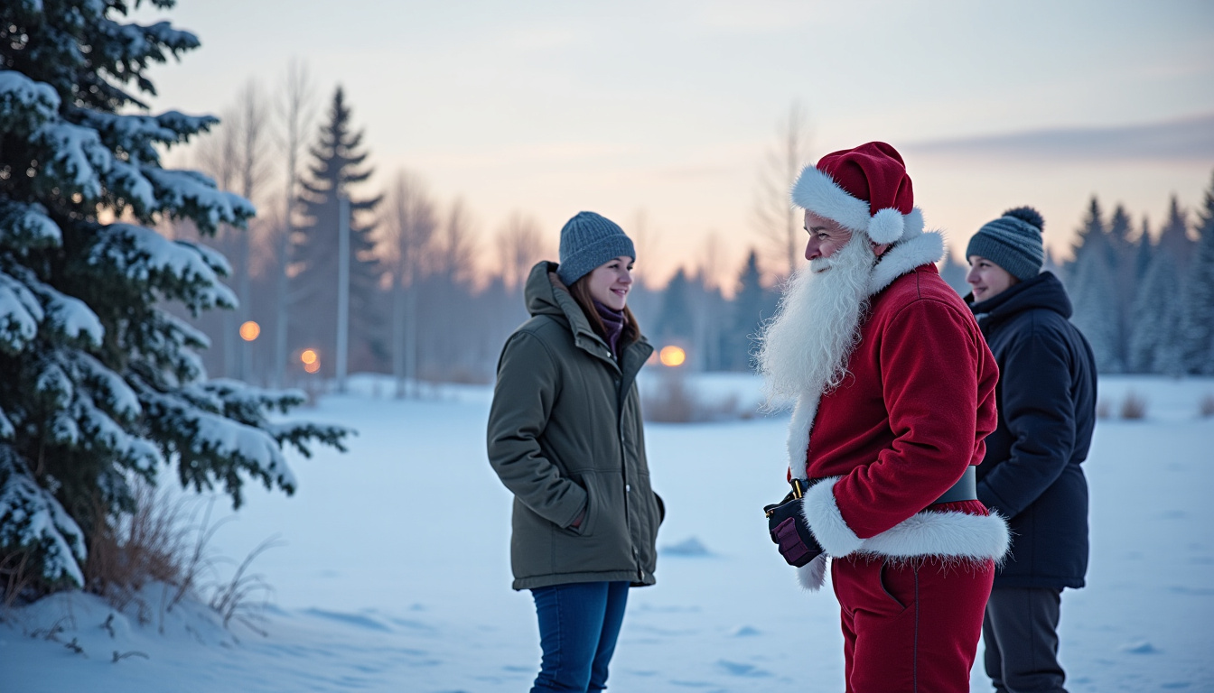 Monument du Cercle Polaire Arctique à Rovaniemi, avec des visiteurs franchissant la ligne de neige et recevant un certificat personnalisé du Père Noël