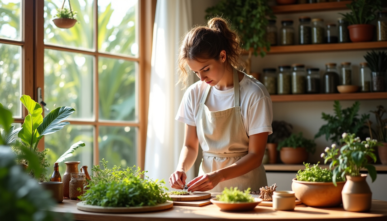 Muriel Bos en train de travailler dans son atelier de formulation à Saint-Barthélemy, entourée de plantes locales et d