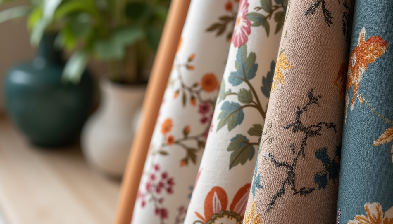 Panorama des tendances textiles 2026 avec des échantillons de tissus en velours, lin imprimé et broderies végétales, exposés sur un support en bois naturel