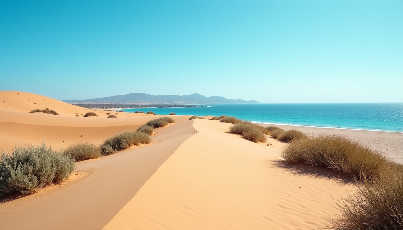 Paysage désertique de Fuerteventura aux Canaries, avec végétation côtière résistante, dunes et ciel bleu immaculé