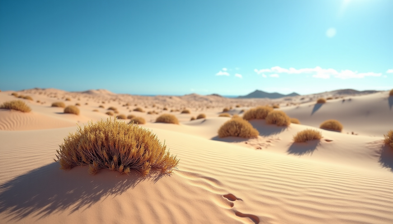 Paysage désertique de Fuerteventura avec végétation côtière similaire à la coccoloba, dunes et ciel bleu