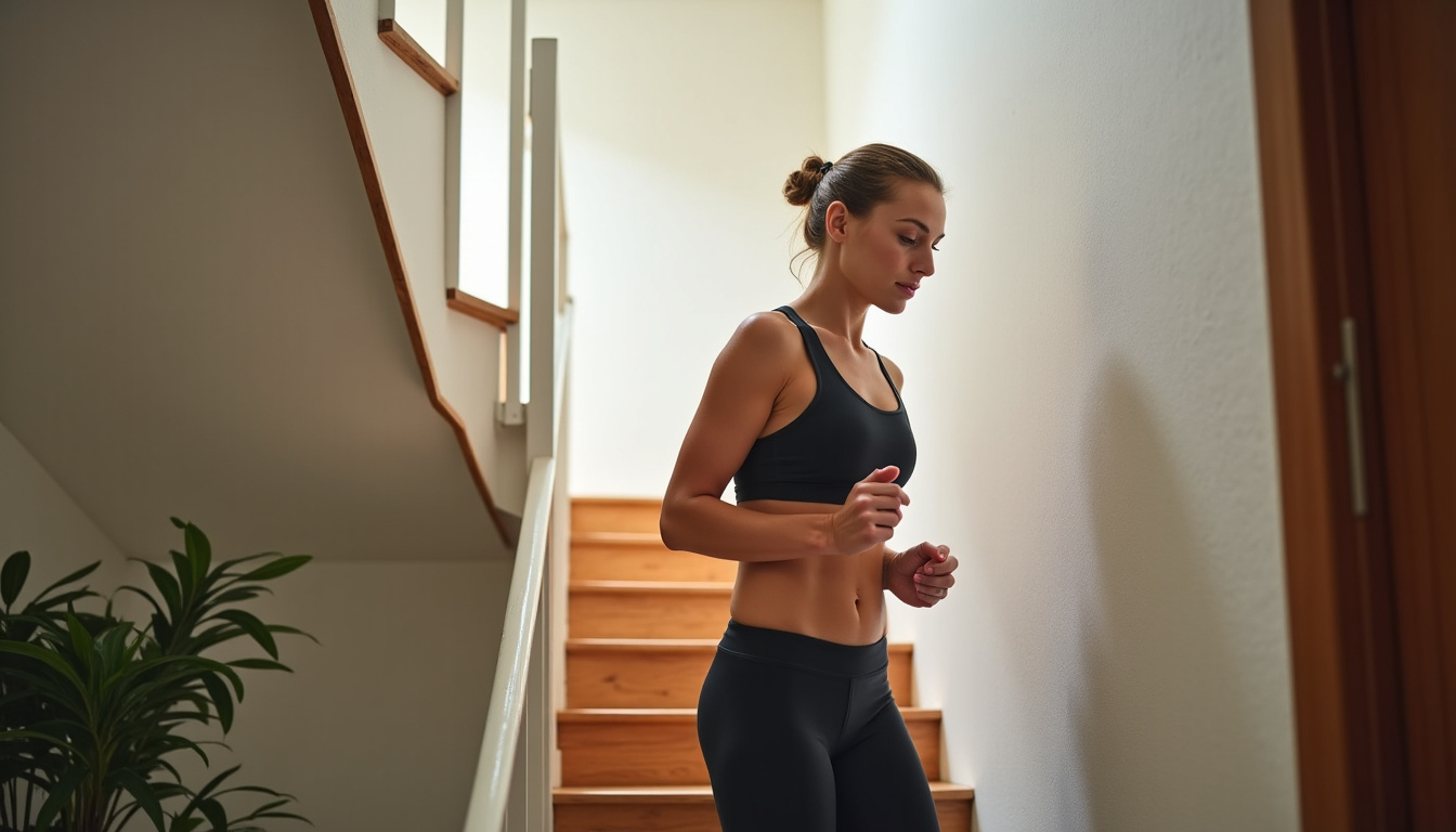 Personne effectuant des mouvements de fitness fonctionnel dans un environnement domestique, comme soulever une charge ou monter des escaliers, illustrant l