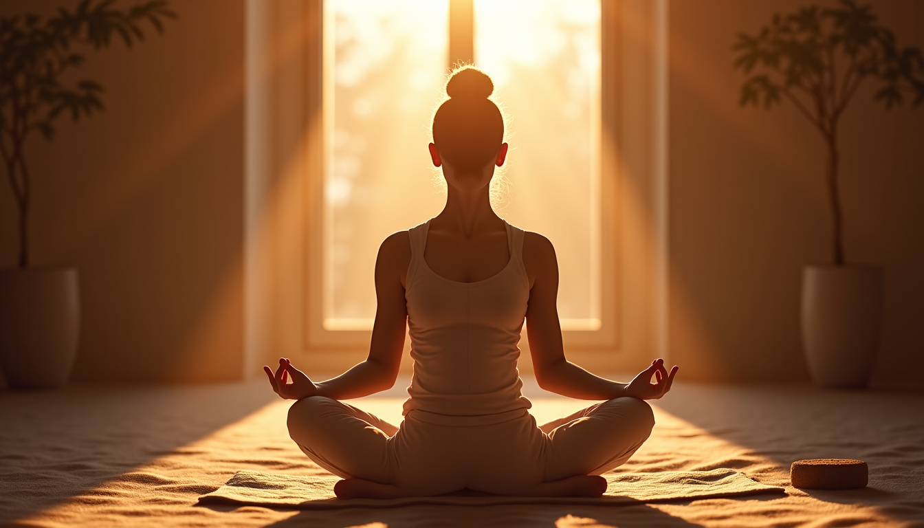 Personne en méditation dans un cadre zen pendant une séance de Reiki, lumière douce et ambiance paisible