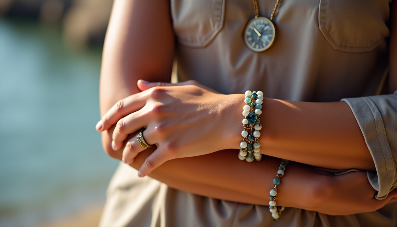 Personne portant un bracelet en pierres naturelles et un collier de perles en situation quotidienne