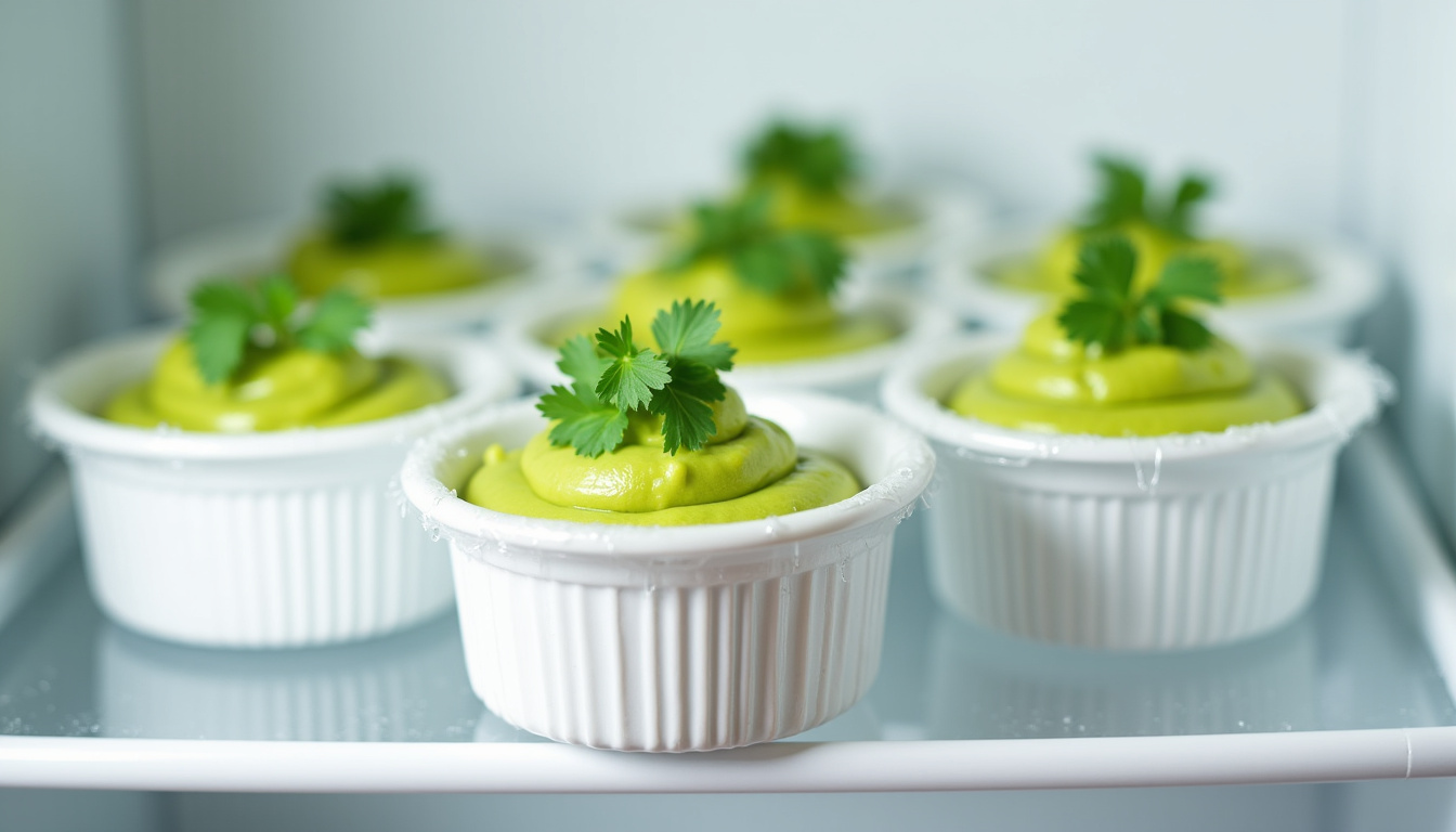 Petits ramequins de féroce d’avocat conservés au réfrigérateur avec film alimentaire