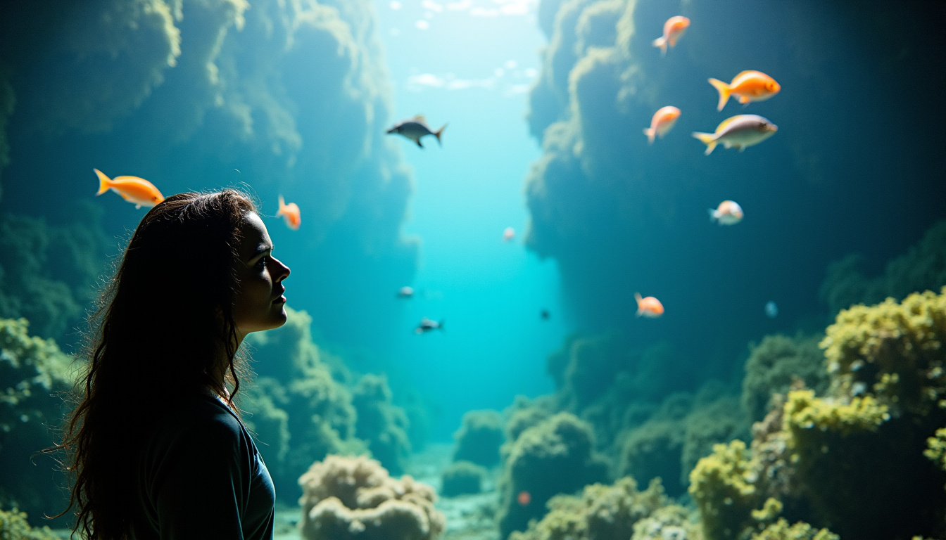 Photographie immersive montrant la biodiversité du Grand Cul-de-Sac Marin avec poissons colorés, coraux et oiseaux en arrière-plan