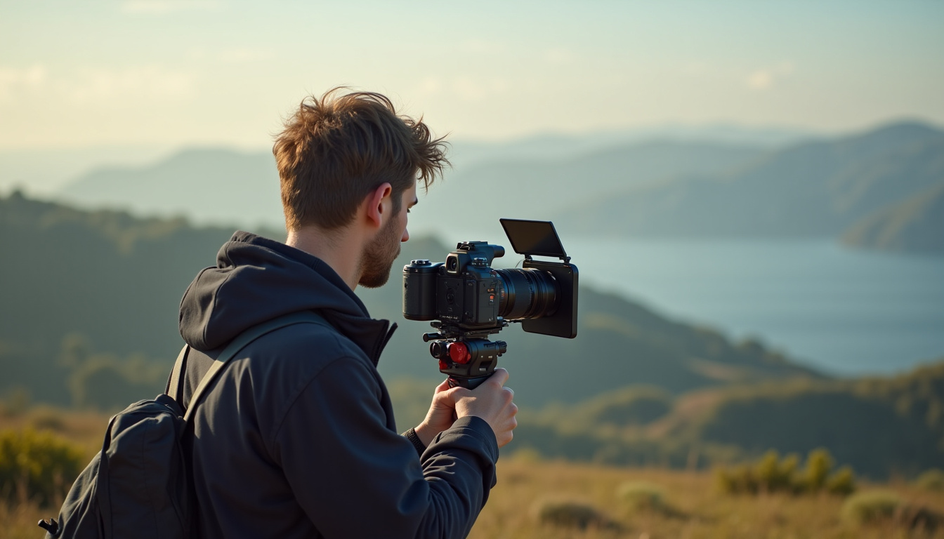 Pierre Brouwers en pleine séance de tournage, filmant un paysage naturel avec sa caméra professionnelle