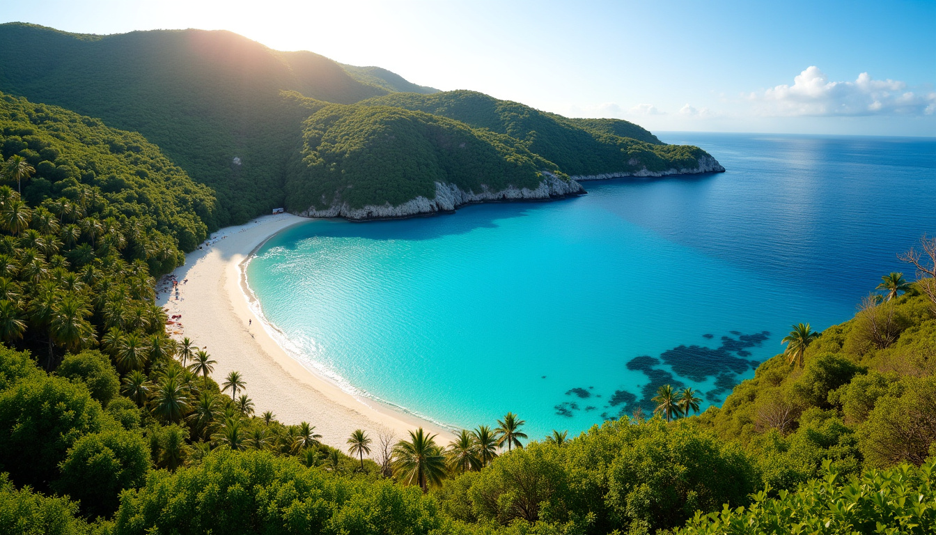 Plage de Colombier à Saint-Barthélemy, vue panoramique avec eaux turquoises et végétation luxuriante