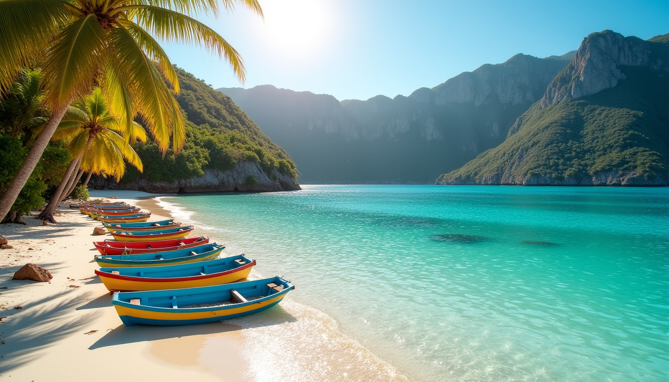 Plage de Corossol avec eaux translucides, doris colorés et fond de relief montagneux